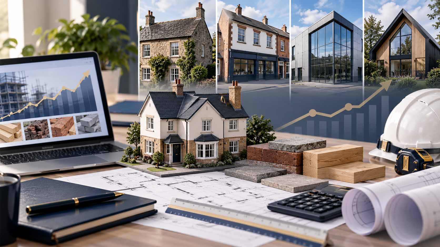 A professional property-assessment scene showing architectural plans, construction materials and subtle upward cost-trend visuals to illustrate how labour, materials and wider construction costs can change over time.