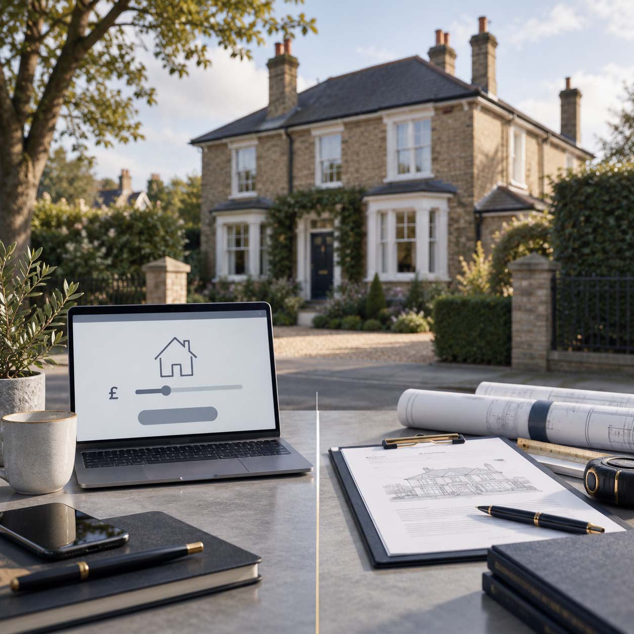 A professional comparison image showing a UK residential property with a simple online rebuild cost estimate on one side and a more detailed professional property assessment with plans and survey materials on the other.