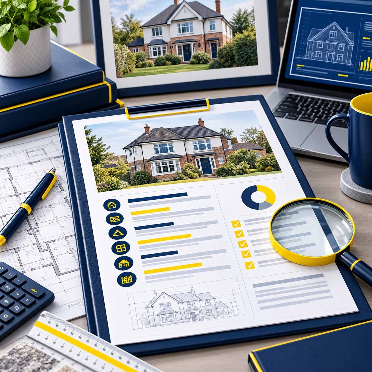 Professional Rebuild Cost Assessment report with property plans, checklist and magnifying glass for detailed review.
