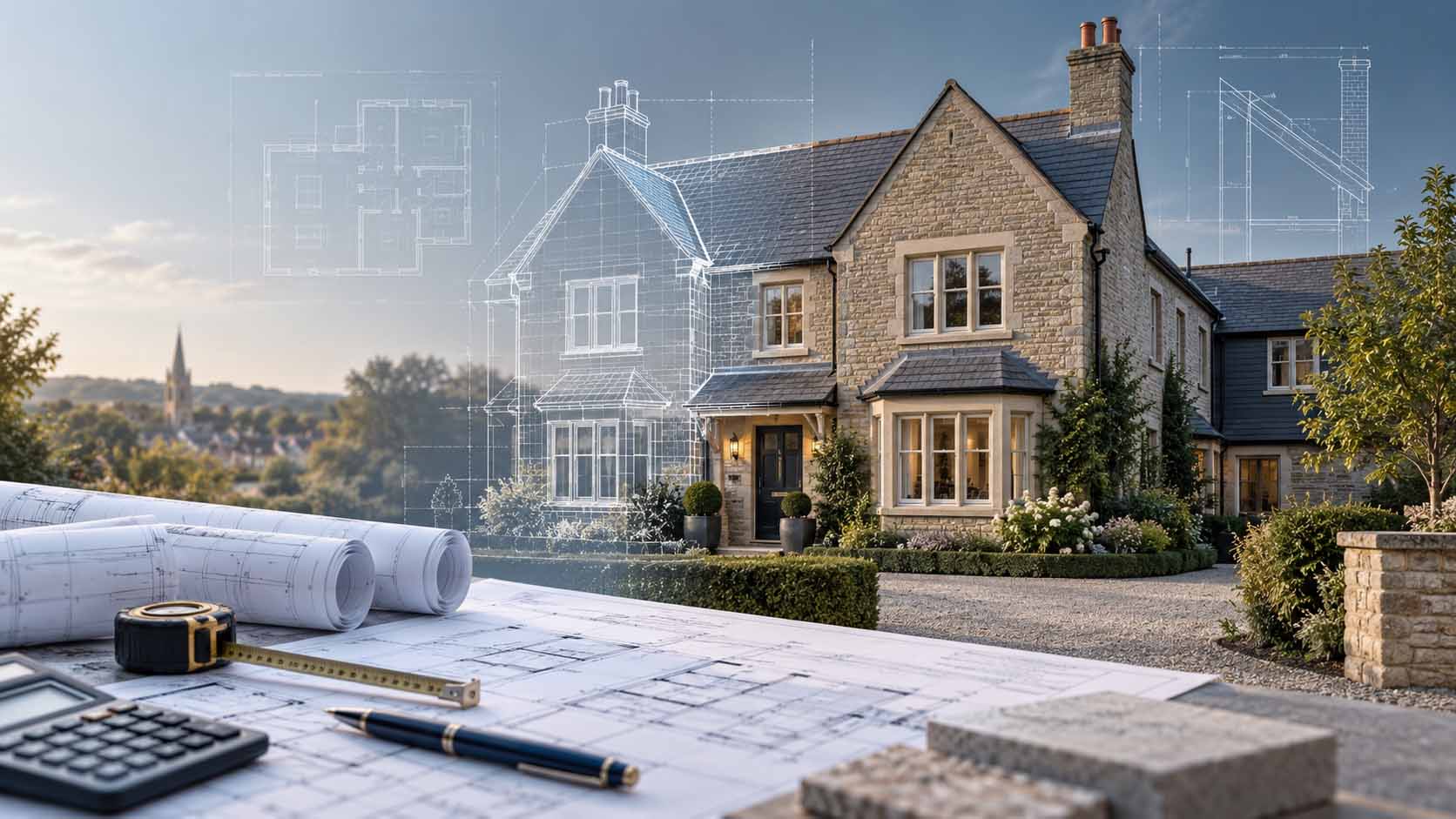 A professional UK property image showing a well-kept home alongside architectural plans, measurement tools and subtle blueprint overlays to illustrate how rebuild cost relates to the estimated cost of reinstating a property rather than its market value.